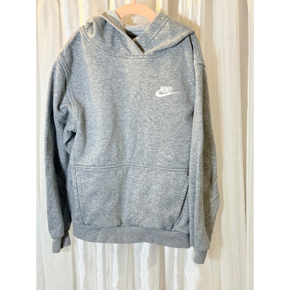 Nike Hoodie Youth Medium Gray Pullover Fleece Swoosh Logo Sweatshirt